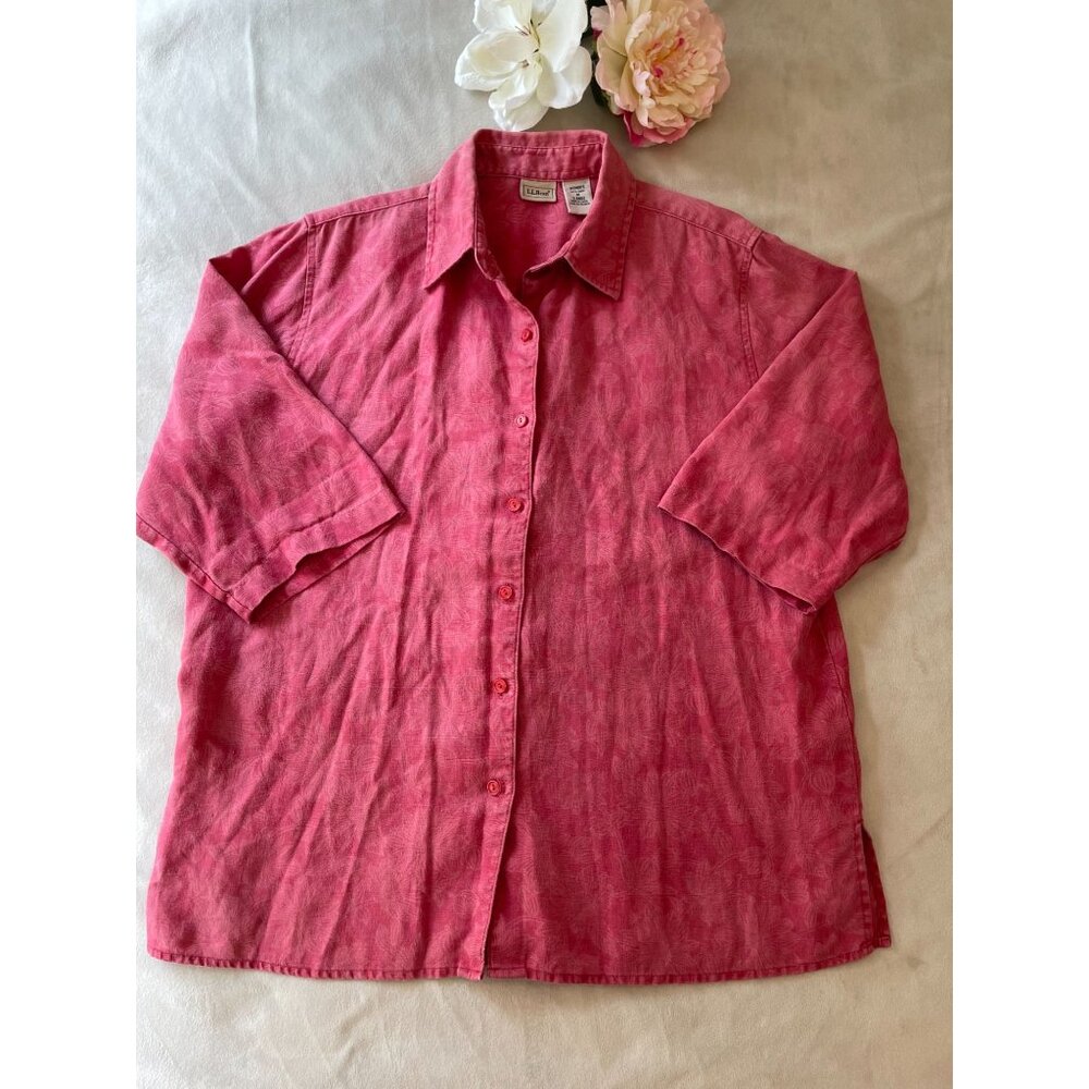 L.L. Bean Womens 100% Linen Shirt Sz 2X  Vintage Grandmacore Cottagecore Pink